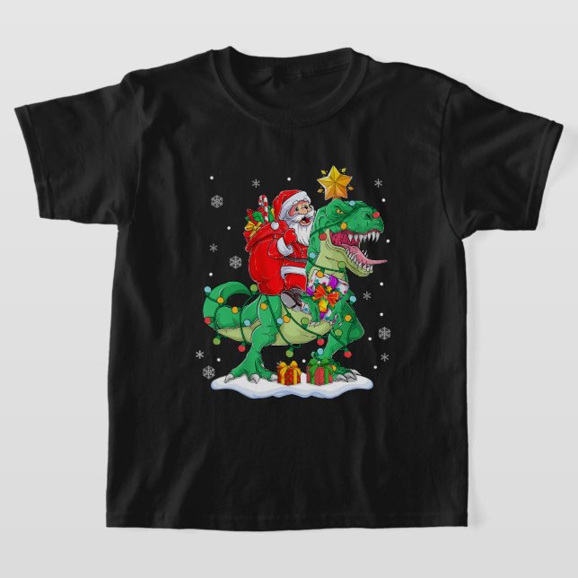 Santa Riding Dinosaur T rex jul Boys Manar Xma T Shirt (Laydown)