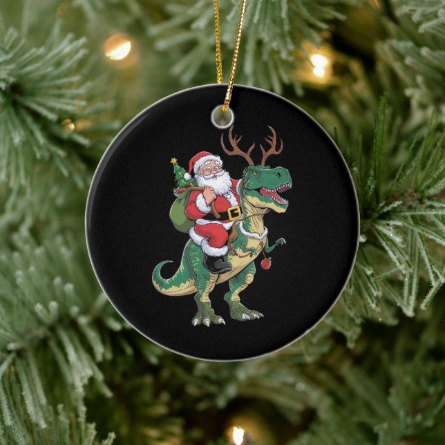 Santa Riding Dinosaur T-Rex jul Julafton Squad Julgransprydnad Keramik (Träd)