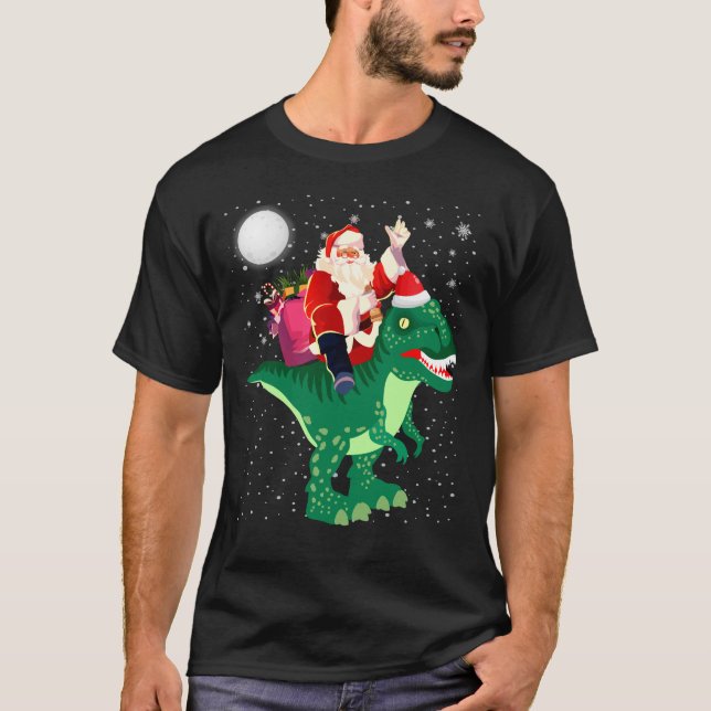 Santa Riding Dinosaur T rex jul Manar Shirt (Framsida)