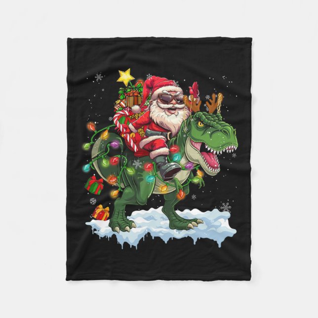 Santa Riding Dinosaur T Rex Julgran Ljus Fleecefilt (Framsidan)