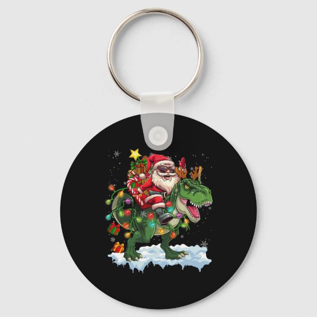 Santa Riding Dinosaur T Rex Julgran Ljus Nyckelring (Framsida)