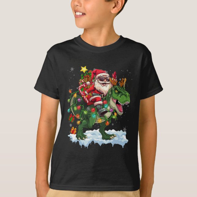 Santa Riding Dinosaur T Rex Julgran Ljus T Shirt (Framsida)
