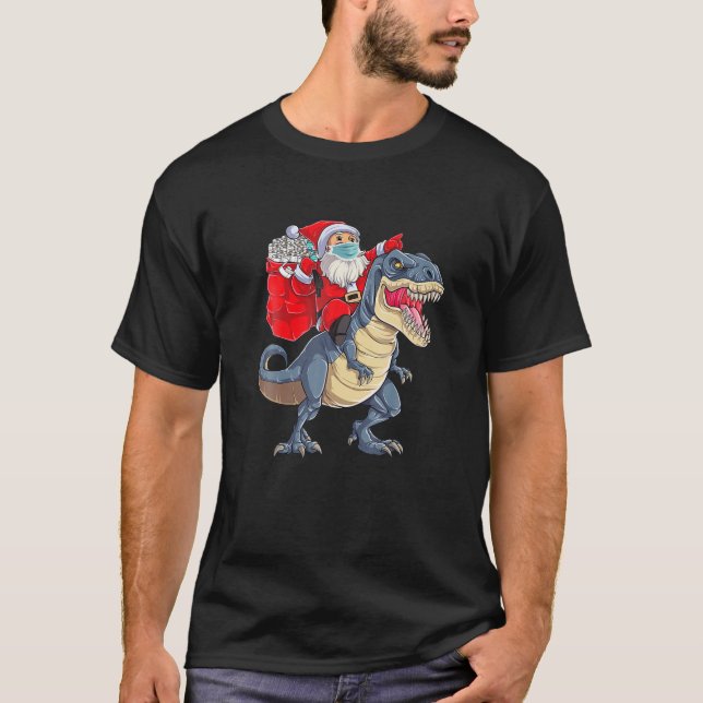 Santa Riding Dinosaur T Rex jultomten med F T Shirt (Framsida)