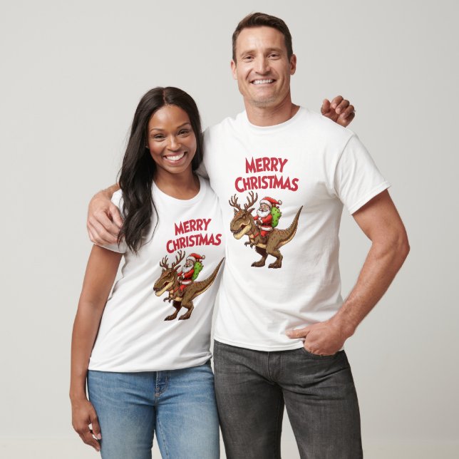 Santa Riding Dinosaur T-Rex Merry Christmas T Shirt (Unisex)