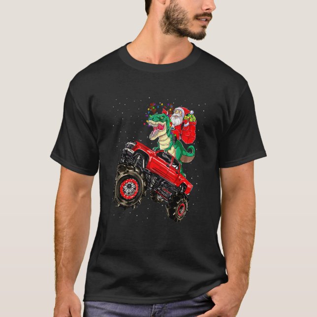 Santa Riding Dinosaur Trex Monster Lastbil Boys Ki T Shirt (Framsida)