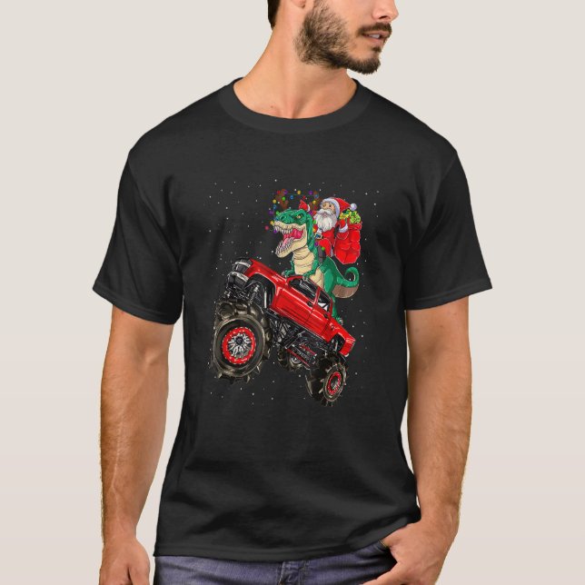 Santa Riding Dinosaur Trex Monster Truck Boys Kids T Shirt (Framsida)