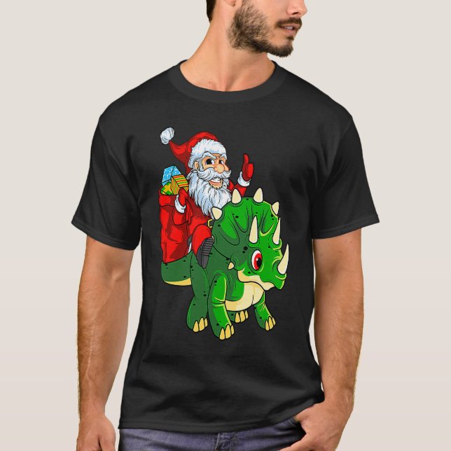 Santa Riding Dinosaur Triceratops Dino Christmas B T Shirt (Framsida)