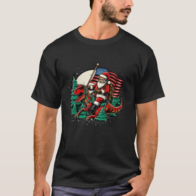 Santa Riding Dinosaur USA flagga T Rex jul T Shirt (Framsida)
