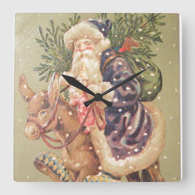 Santa Riding Donkey Fyrkantig Klocka (Framsida)