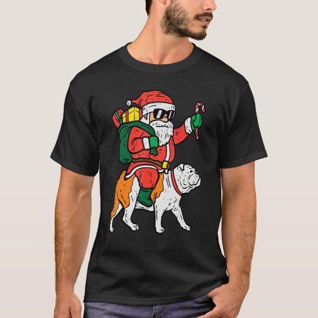 Santa Riding English Bulldog Christmas Xmas Boys G T Shirt (Framsida)