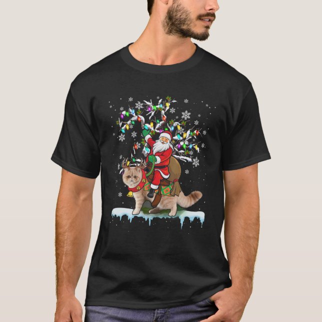 Santa Riding Exotic Shorthair Julafton Träd Santa  T Shirt (Framsida)