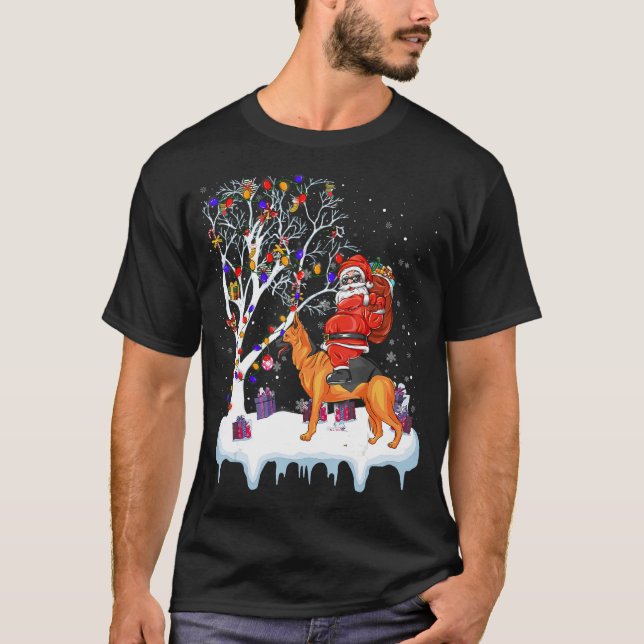 Santa Riding German Shepherd Hund Träd Ljus T Shirt (Framsida)