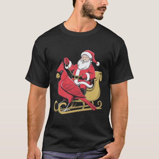 Santa Riding Giant Cardinal Bird for jullov T Shirt (Framsida)