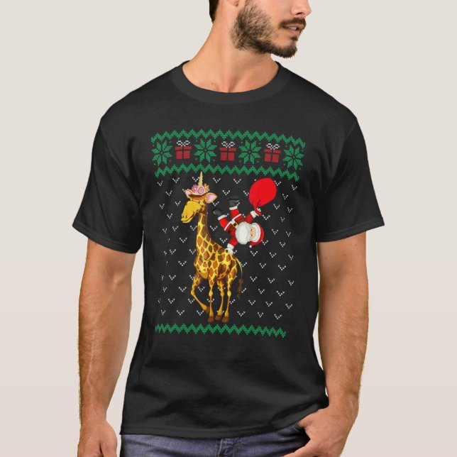 Santa Riding Giraffe Unicorn Christmas Ugly Pajama T Shirt (Framsida)