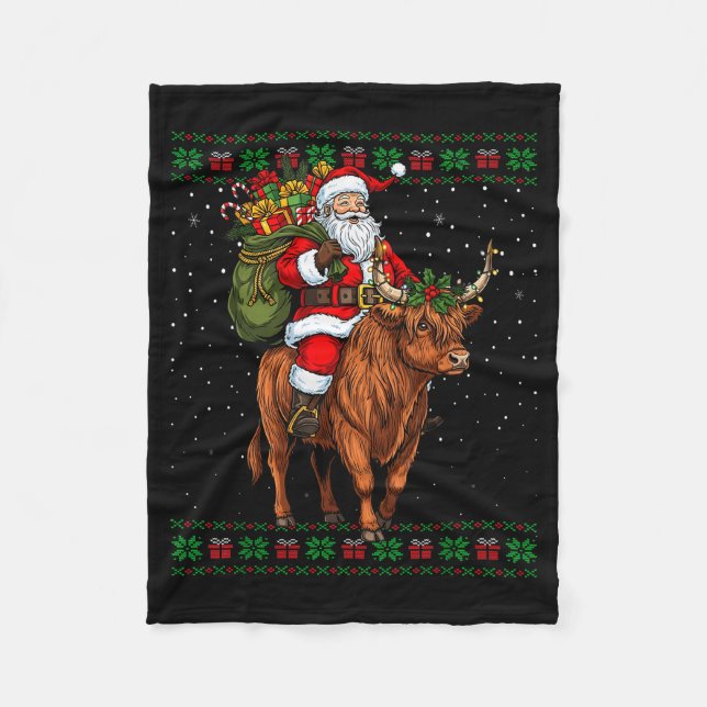 Santa Riding Highland Cow Ugly Christmas Sweater  Fleecefilt (Framsidan)