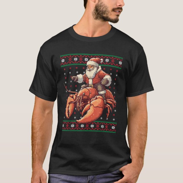 Santa Riding Lobster Funny Lobster Ugly jul T Shirt (Framsida)