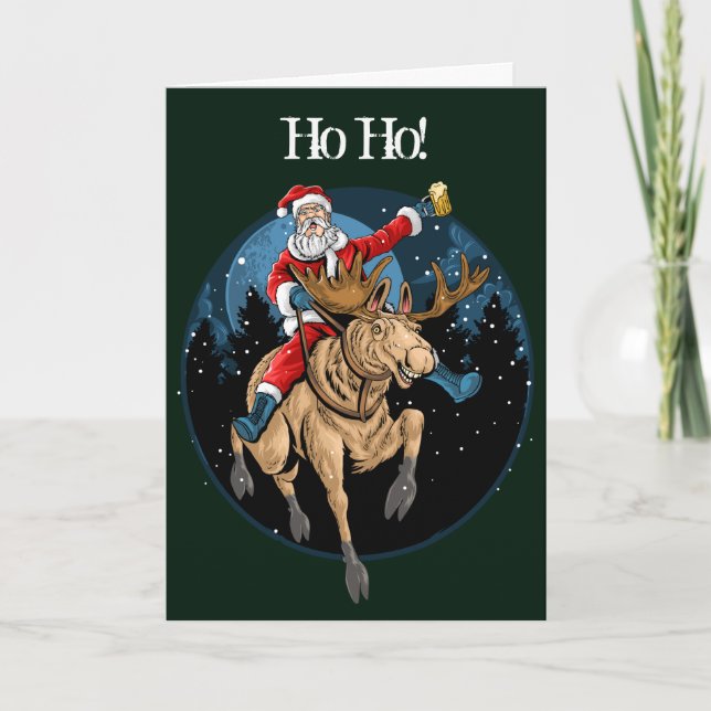 Santa Riding Moose Drinking Beer Helgkort (Framsida)