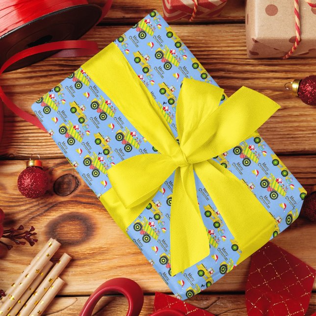 Santa Riding on Lastbil och Bulldozer Blue Fleecefilt (Skapare uppladdad)