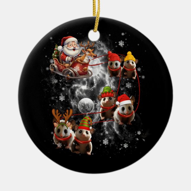 Santa Riding Opossum Reindeer Sleigh Julopo Julgransprydnad Keramik (Framsidan)