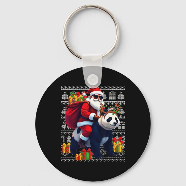 Santa Riding Panda jul Ljus Ugly jul Nyckelring (Framsida)