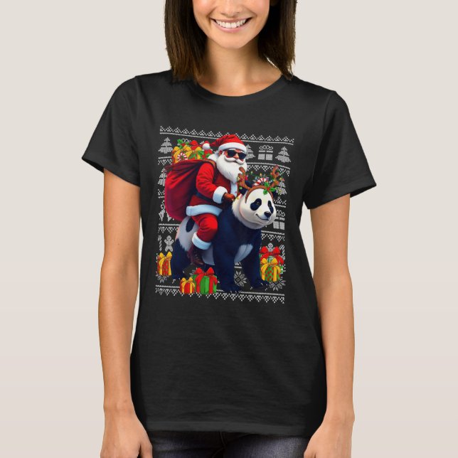 Santa Riding Panda jul Ljus Ugly jul T Shirt (Framsida)