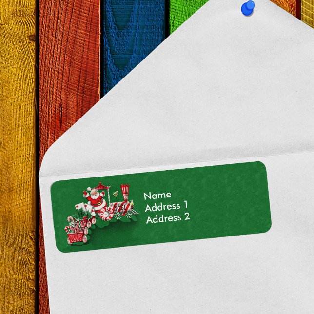 Santa Riding Peppermint Candy jul Tåg Returadress Etikett (Santa Claus on train with candy wheels and candy canes on green return address labels.)