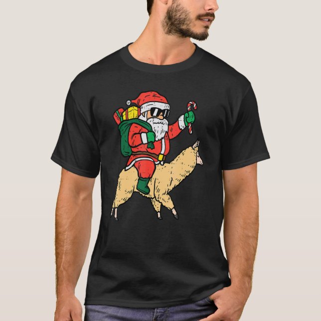 Santa Riding Poor Llama  Christmas Xmas Kids Men W T Shirt (Framsida)