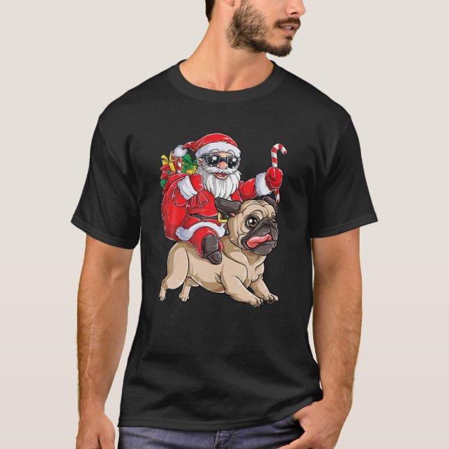 Santa Riding Pug jul Pug Älskare Merry Christm T Shirt (Framsida)