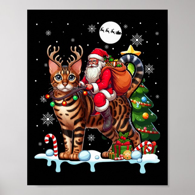 Santa Riding Reindeer Bengal Cat Julafton Träd Col Poster (Framsidan)
