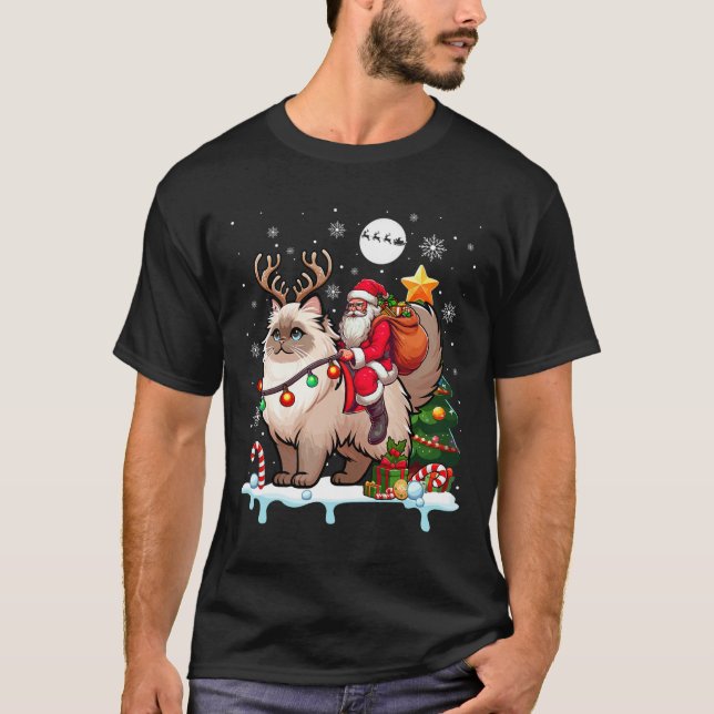 Santa Riding Reindeer Himalayan Cat Julafton Träd  T Shirt (Framsida)