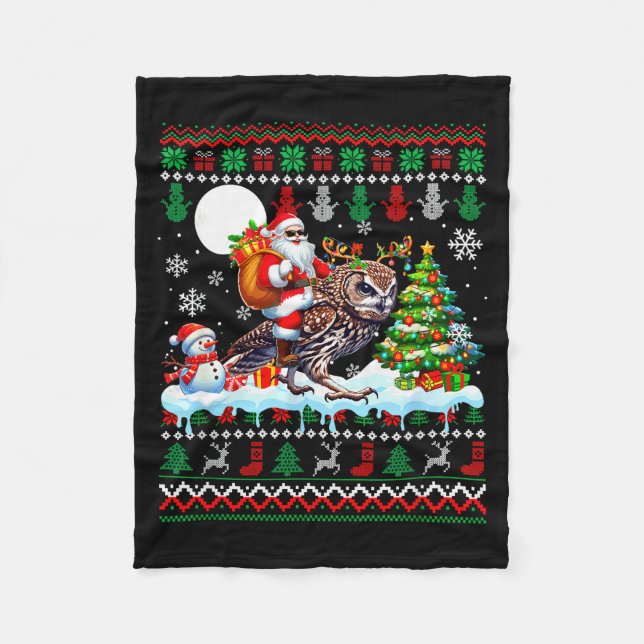 Santa Riding Reindeer Owl Sweater Xmas Tree Snowma Fleecefilt (Framsidan)