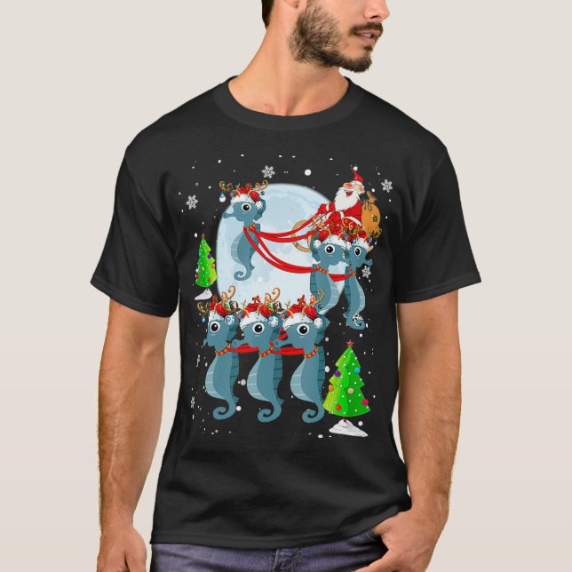 Santa Riding Reindeer Santa Seahorse Sleigh T Shirt (Framsida)