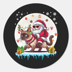 Santa Riding Reindeer Siamese Cat-julägare Runt Klistermärke