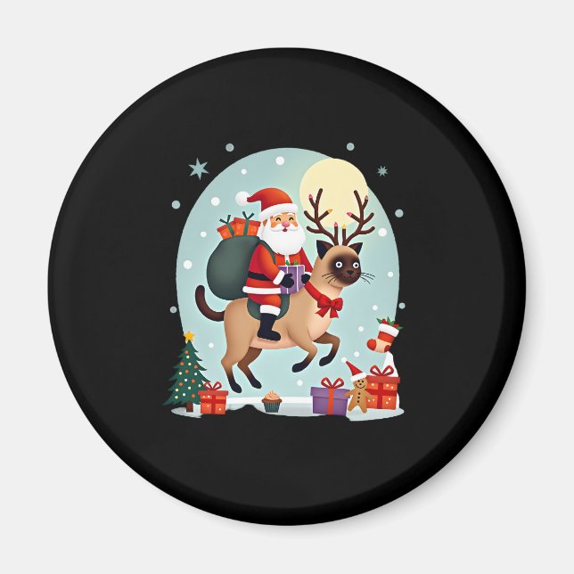 Santa Riding Reindeer Siamese Cat Julgran L Magnet (Framsidan)
