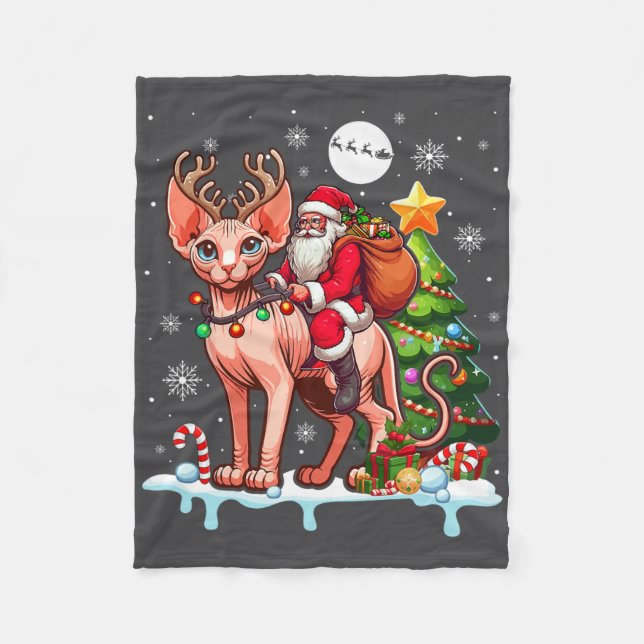 Santa Riding Reindeer Sphynx Cat Julafton Träd Col Fleecefilt (Framsidan)