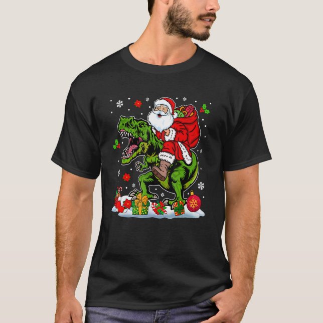 Santa Riding rex  Christmas Lights Santa rex png T Shirt (Framsida)