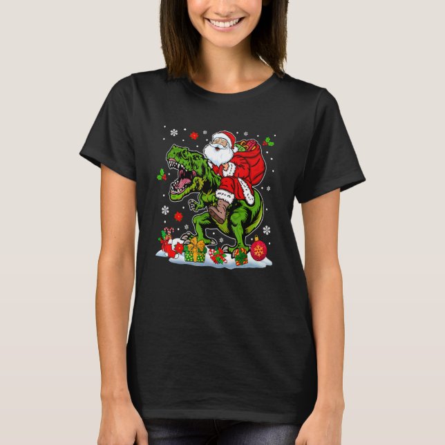 Santa Riding rex  Christmas Lights Santa rex png T Shirt (Framsida)