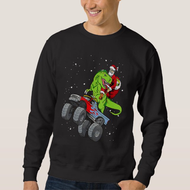 Santa Riding Rex Dinosaur Monster Truck Christmas Lång Ärmad Tröja (Framsida)