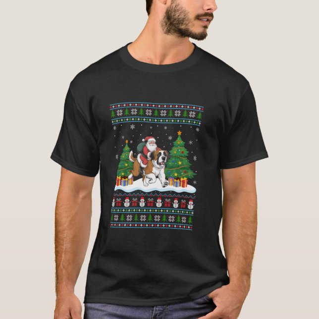 Santa Riding Saint Bernard Hund Ljus Ugly Xm T Shirt (Framsida)