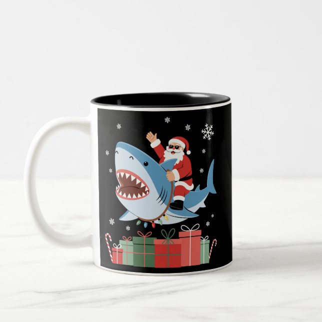Santa Riding Shark Christmas Pajama Cute Ocean  Två-Tonad Mugg (Vänster)