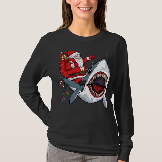 Santa Riding Shark jul Pajama Cute Ocean Ani T Shirt (Framsida)