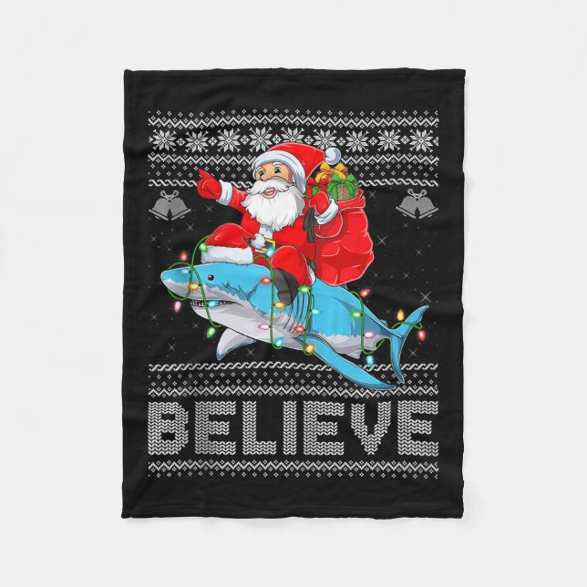 Santa Riding Shark Ugly Christmas Sweater Believe  Fleecefilt (Framsidan)