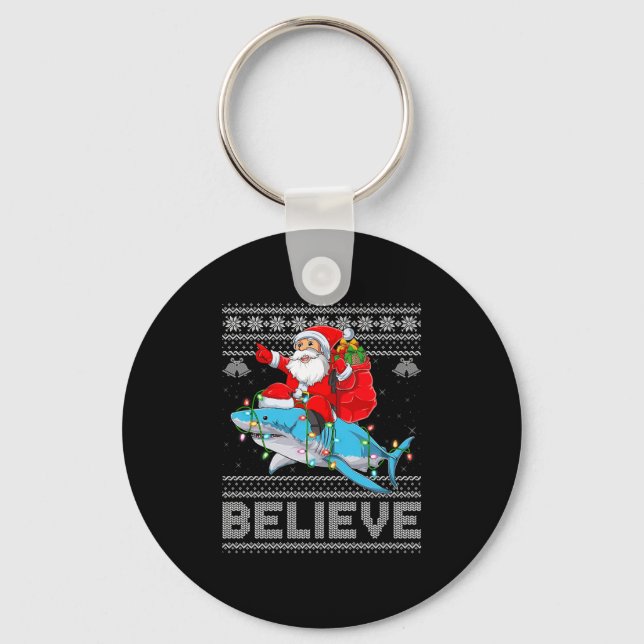 Santa Riding Shark Ugly Christmas Sweater Believe  Nyckelring (Framsida)