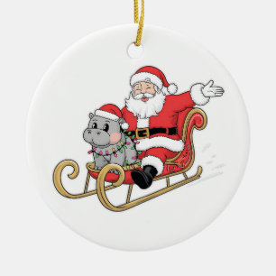 Santa Riding Sleigh med Moo Deng Baby Hippo Julgransprydnad Keramik