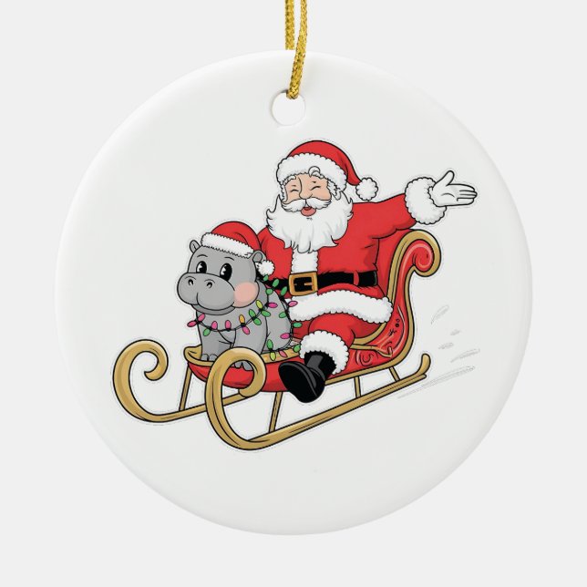 Santa Riding Sleigh med Moo Deng Baby Hippo Julgransprydnad Keramik (Framsidan)