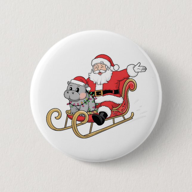 Santa Riding Sleigh med Moo Deng Baby Hippo Knapp (Framsida)