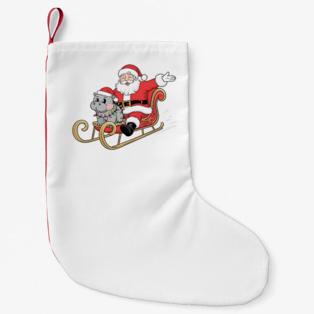 Santa Riding Sleigh med Moo Deng Baby Hippo Liten Julstrumpa (Framsidan)