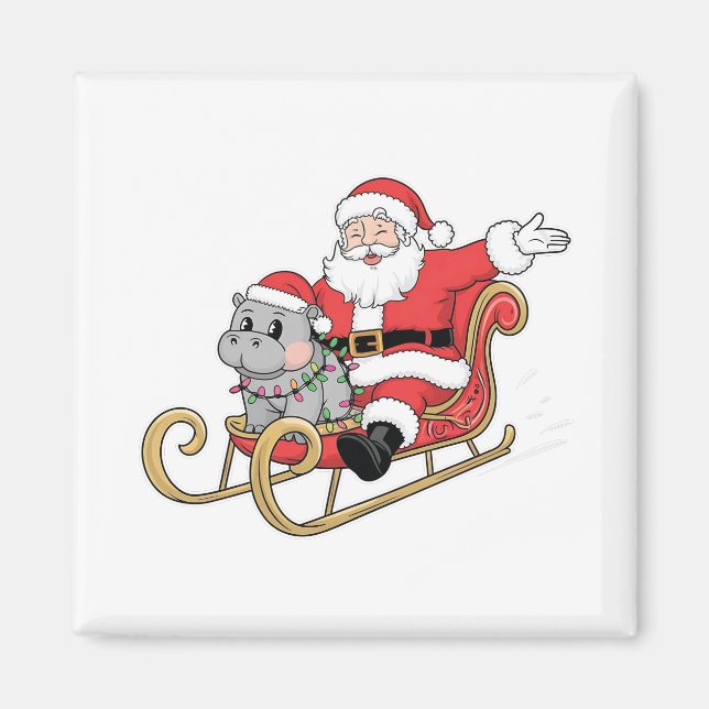 Santa Riding Sleigh med Moo Deng Baby Hippo Magnet (Framsidan)
