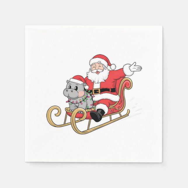Santa Riding Sleigh med Moo Deng Baby Hippo Pappersservett (Framsidan)