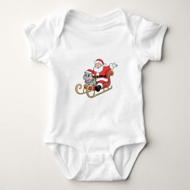 Santa Riding Sleigh med Moo Deng Baby Hippo T Shirt (Framsida)